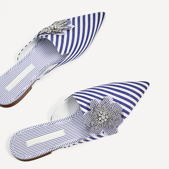 Zara Shoes - Zara white blue striped embroidered mules